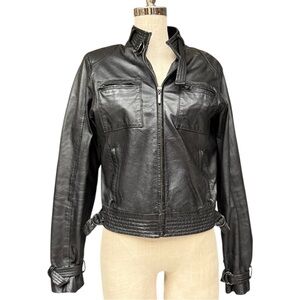 F Brand Black Leather Moto Jacket Women’s XS/S Youth L Zip Up Pockets Belted